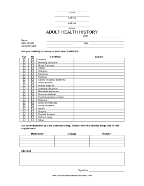 Adult Health History Form Medical Form