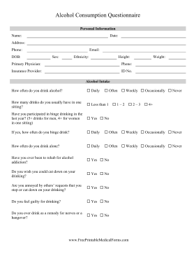 Alcohol Questionnaire Medical Form