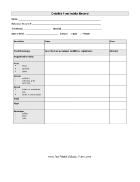 Detailed Daily Food Intake Record Medical Form