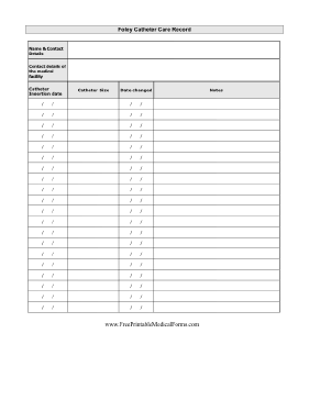 Foley Catheter Care Record Medical Form