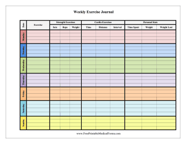 Weekly Exercise Journal Color Medical Form