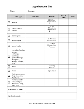 Medical Vision Dental Appointments List Medical Form