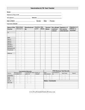 Adult Vaccination and TB Test Tracker Medical Form