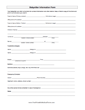 Babysitter Information Form Medical Form