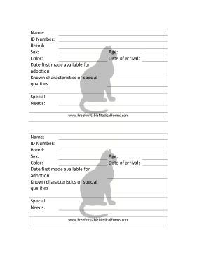 Cat Adoption 4x6 Cage Card Medical Form