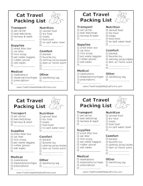 Cat Travel Packing List Medical Form