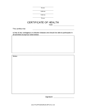 Certificate of Health Form Medical Form