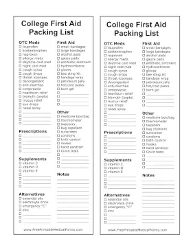 College Medications And First Aid Packing List Medical Form