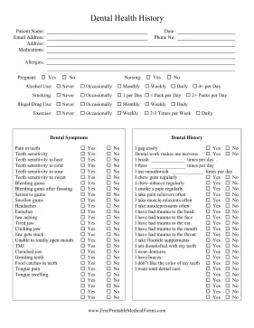 Dental Health History Sheet Medical Form