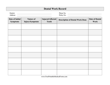 Dental Work Record Medical Form