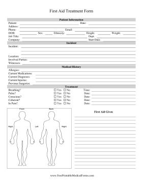 First Aid Treatment Form Medical Form