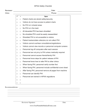 HIPAA Safety Checklist Medical Form