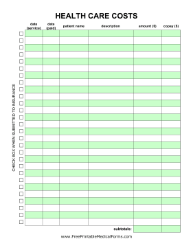 Health Care Cost Sheet Medical Form