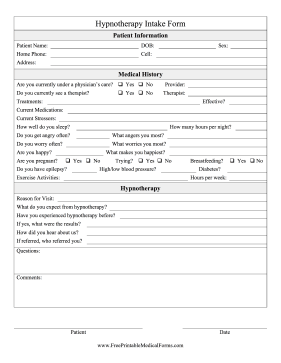 Hypnotherapy Intake Form Medical Form