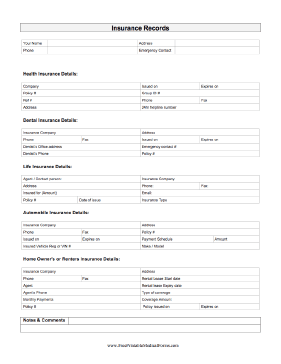 Insurance Record Medical Form