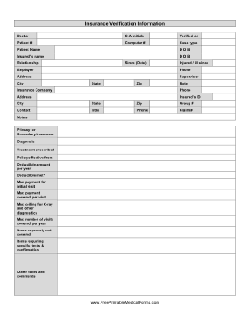 Insurance Verification Sheet Medical Form