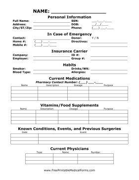 Medical Information Sheet Medical Form