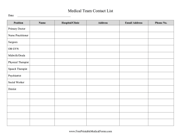 Medical Team Contact List Medical Form
