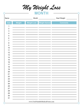 Monthly Weight Loss Tracker Colorful Medical Form