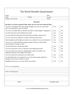Mood Disorder Questionnaire Medical Form