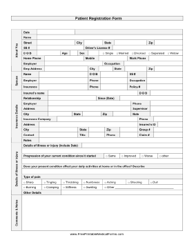 Patient Registration And Pain Chart Medical Form