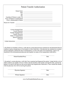 Patient Transfer Authorization Medical Form
