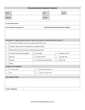Physical Education And Sports Exemption Medical Form