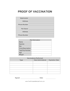 Proof of Pet Vaccination Medical Form