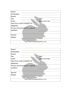 Rabbit Adoption 4x6 Cage Card Medical Form