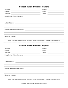 School Nurse Incident Report Medical Form