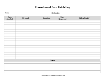 Transdermal Pain Patch Log Medical Form