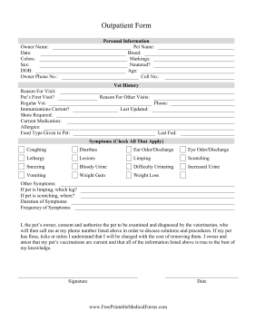 Veterinary Outpatient Form Medical Form