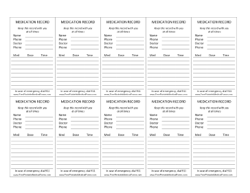 Wallet-sized Medication Record Card Medical Form