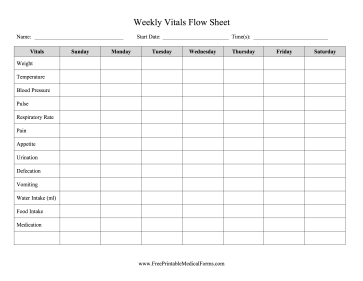 Weekly Vitals Flow Sheet Medical Form