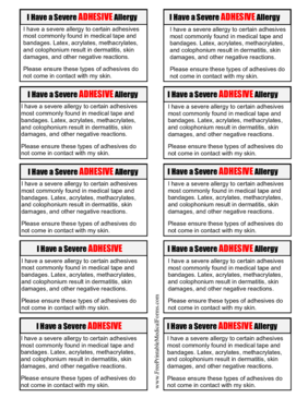 Allergy Card Adhesive Medical Form
