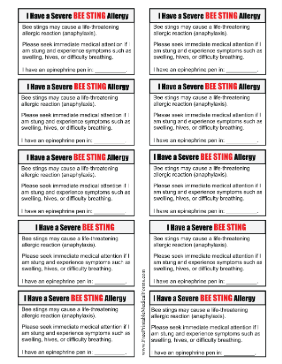 Allergy Card Bee Sting Medical Form
