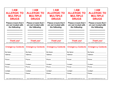 Allergy Card Multiple Drugs Medical Form