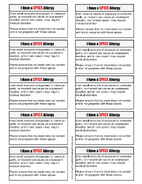 Allergy Card Spice Medical Form