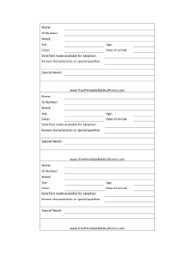 Animal Adoption 3x5 Cage Card Medical Form