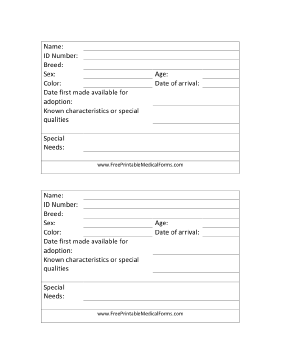 Animal Adoption 4x6 Cage Card Medical Form