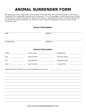 Animal Surrender Form Medical Form