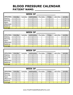 Blood Pressure Calendar Medical Form