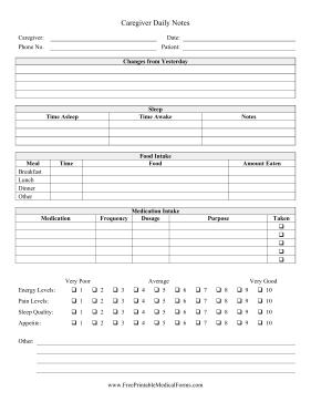 Caregiver Daily Notes Medical Form