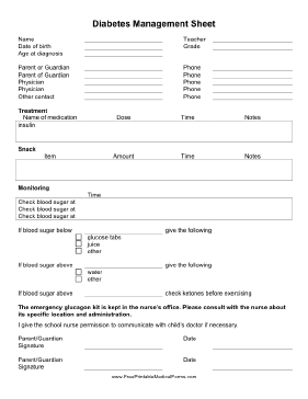 Diabetes Management Sheet Medical Form
