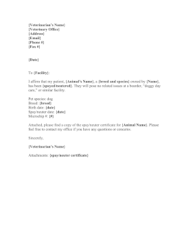 Dog Spay Or Neuter Confirmation Letter Medical Form