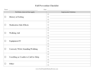 Fall Prevention Checklist Medical Form