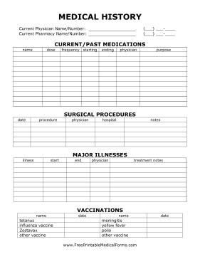 Medical History Form Medical Form