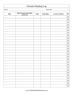 Oximeter Reading Log Medical Form