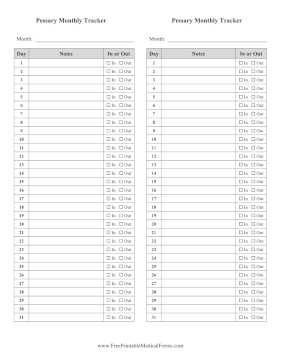 Pessary Use Monthly Tracker Medical Form
