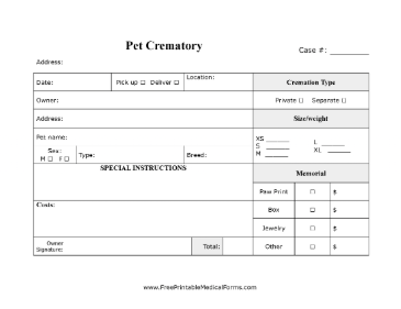 Pet Cremation Form Medical Form